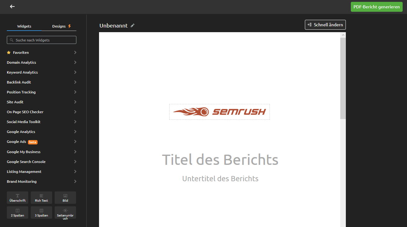 Optionen für benutzerdefinierte Berichte von Semrush