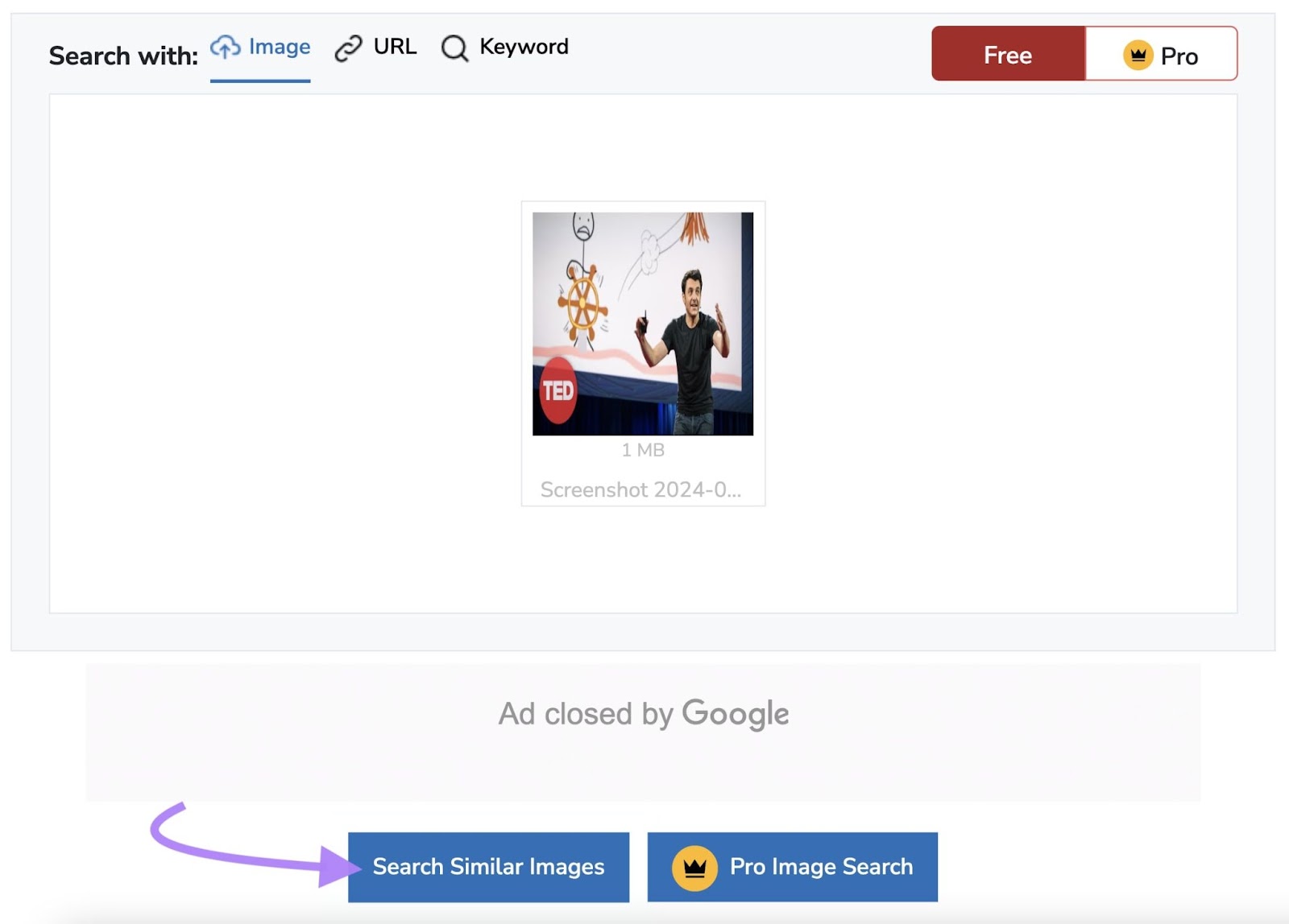 Small SEO Tools reverse image search with Ted Talk thumbnail and Search Similar Images highlighted