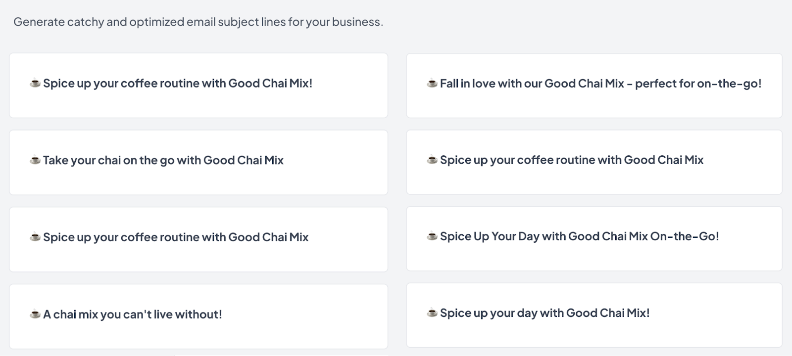 Email subject lines include "take your chai on the go with Good Chai Mix" and "spice up your day with Good Chai Mix!"