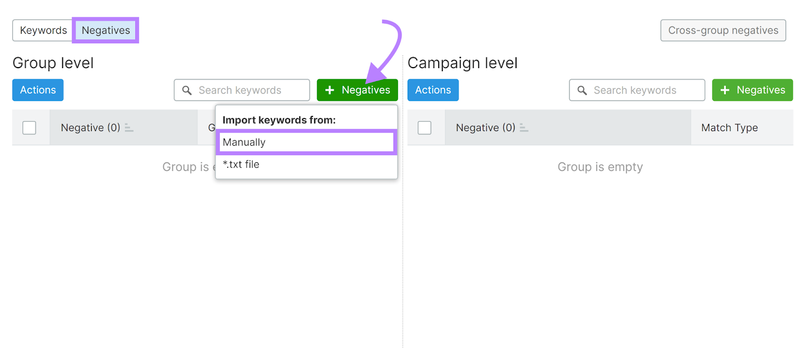 Negatives tab selected, '+Negatives' button clicked, and Manually option highlighted.