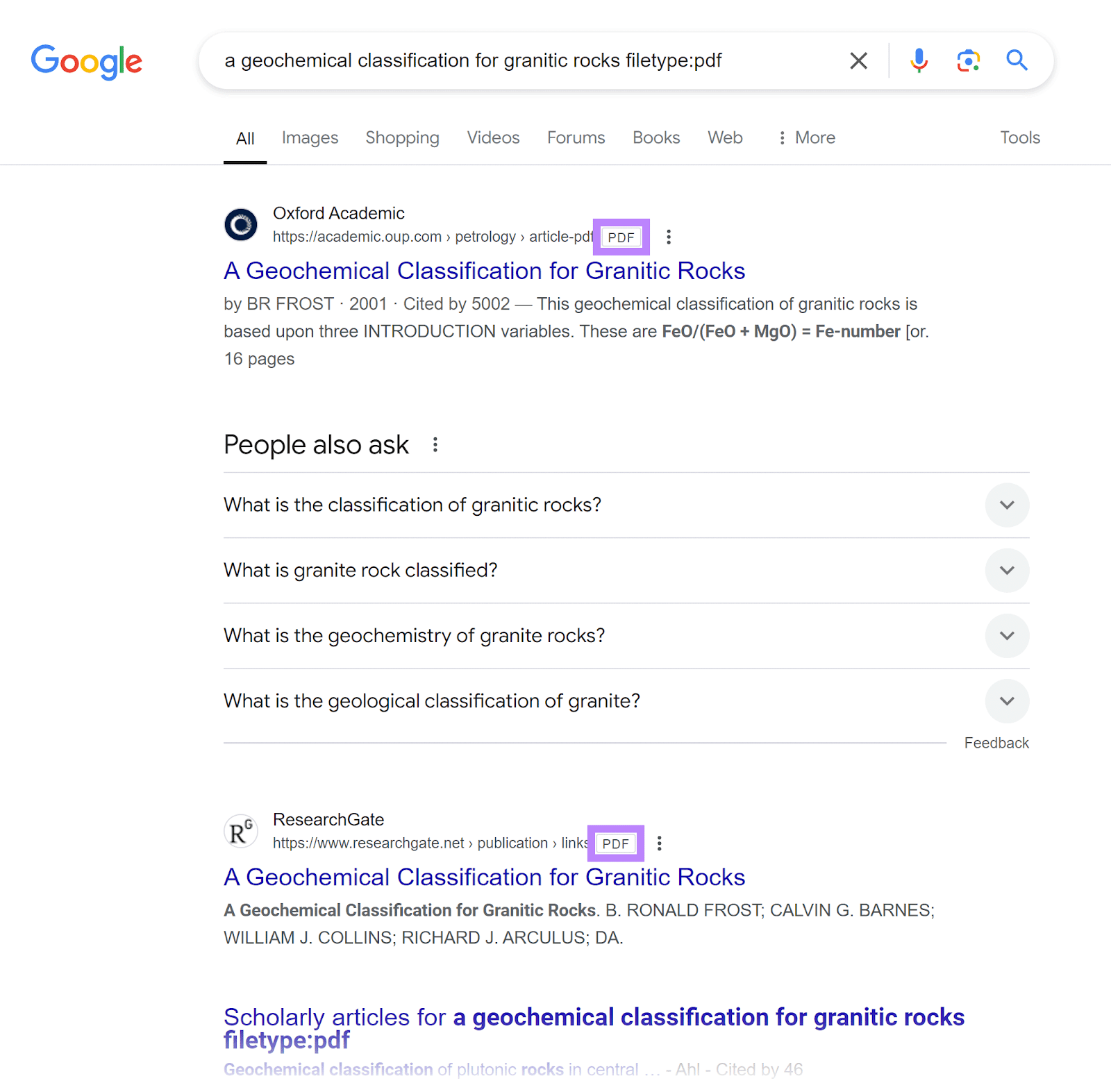 Search results for 'a geochemical classification for granitic rocks filetype:pdf' with PDF tabs highlighted next to search results