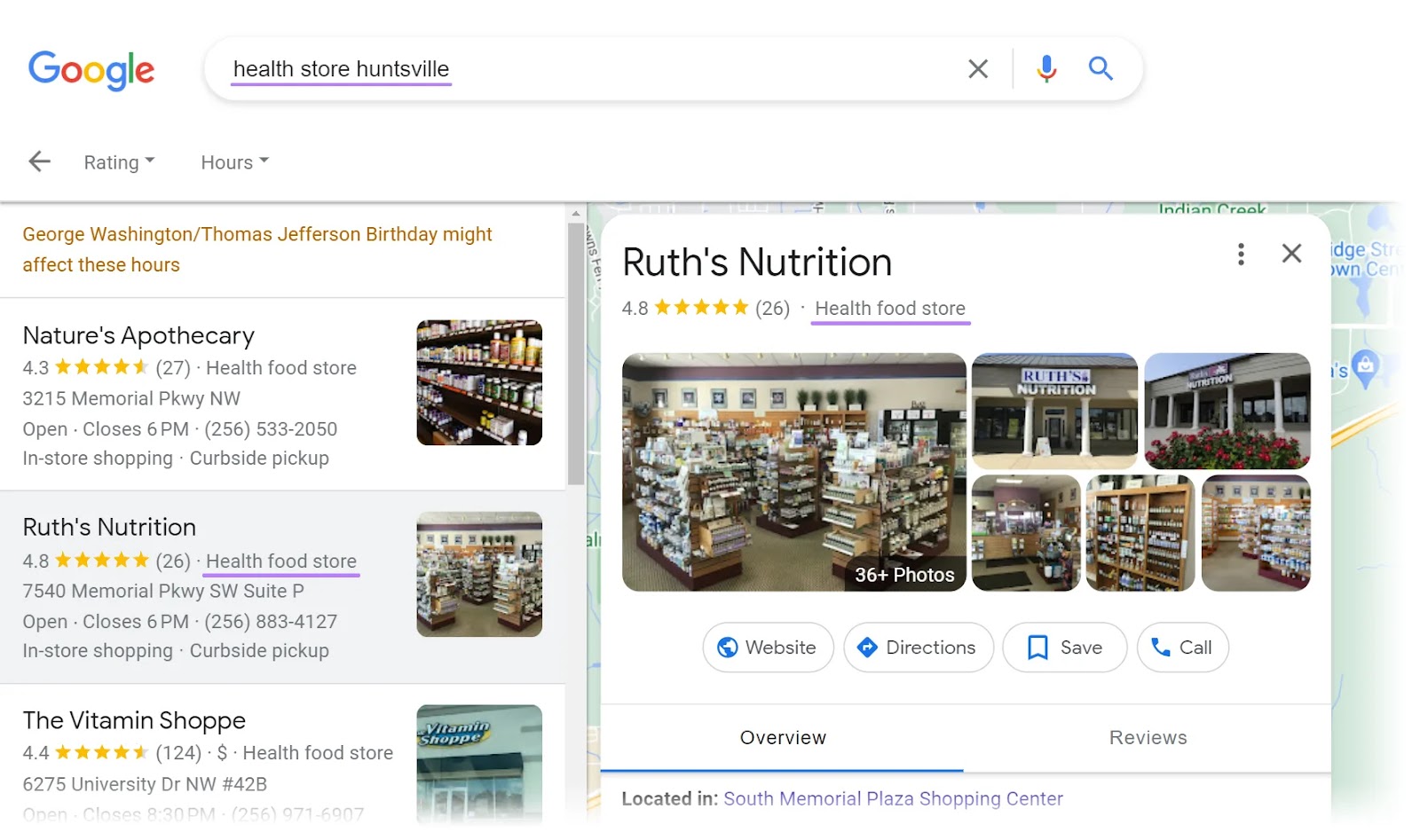 Ruth’s Nutrition’s Google Business Profile with "health nutrient  store" class  highlighted