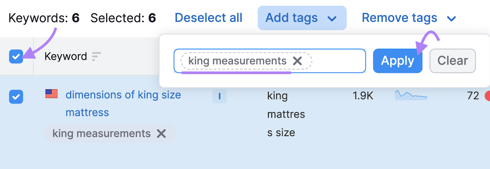 use checkboxes to tag keywords in bulk