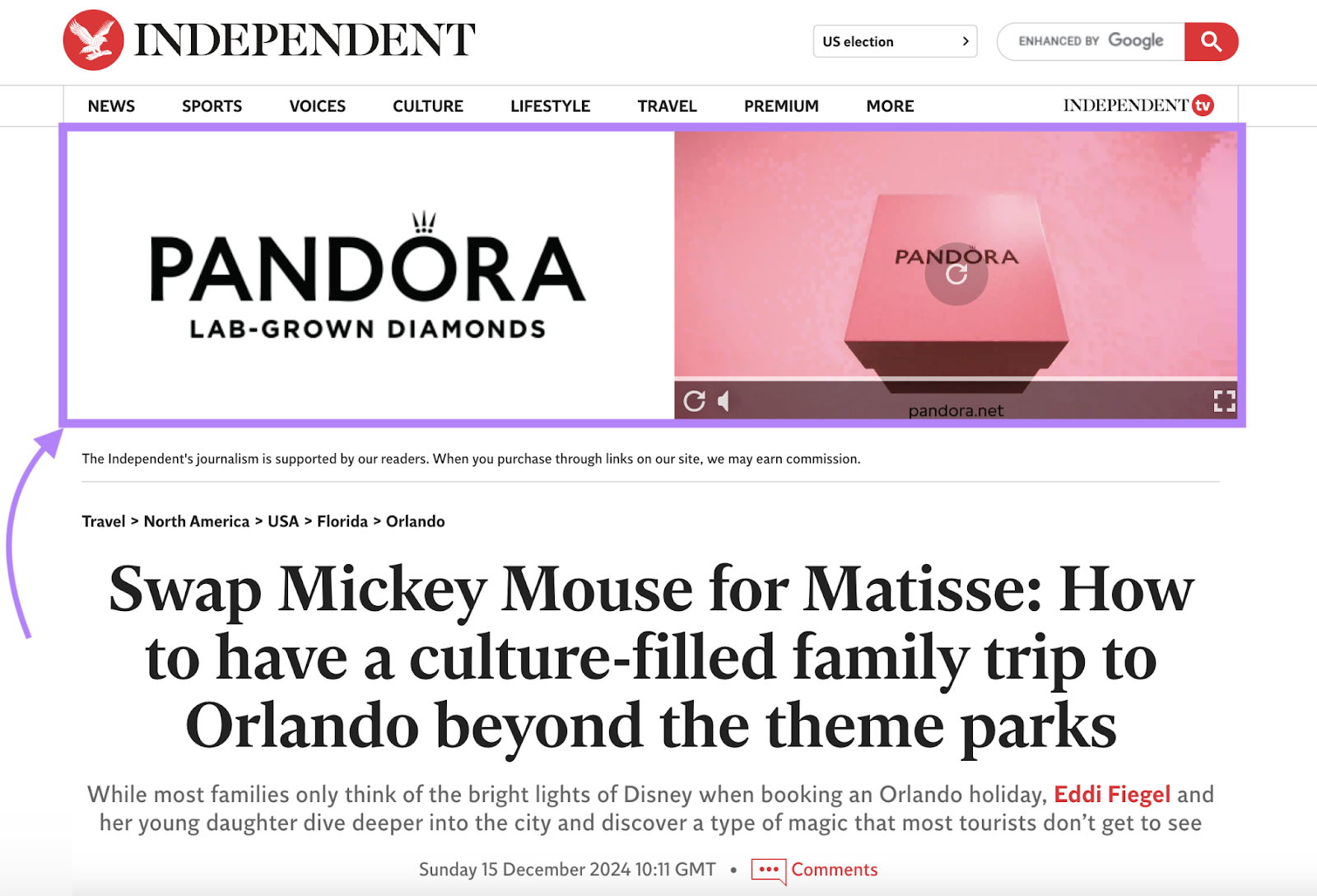 Video banner ad appears above the publisher's article.