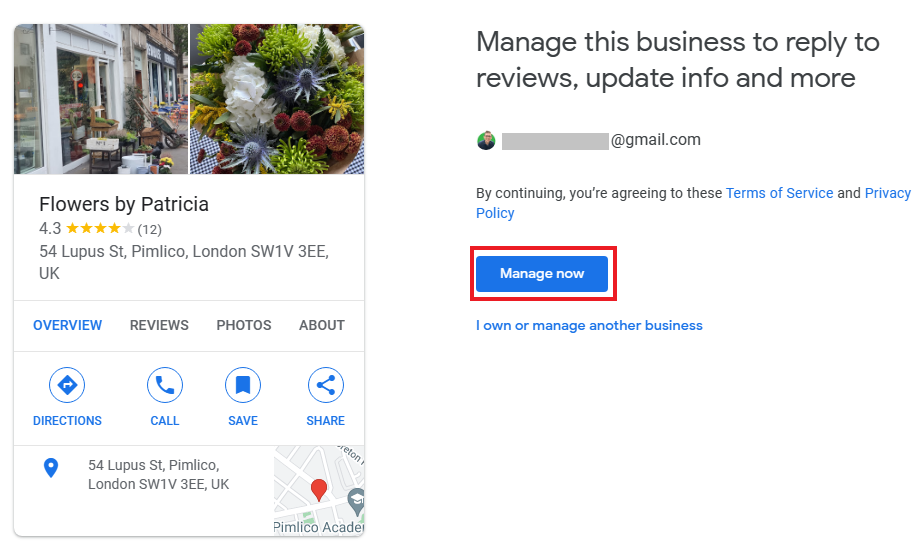 The screen that appears when you click on “Own this business?” to add your business to Google Maps.