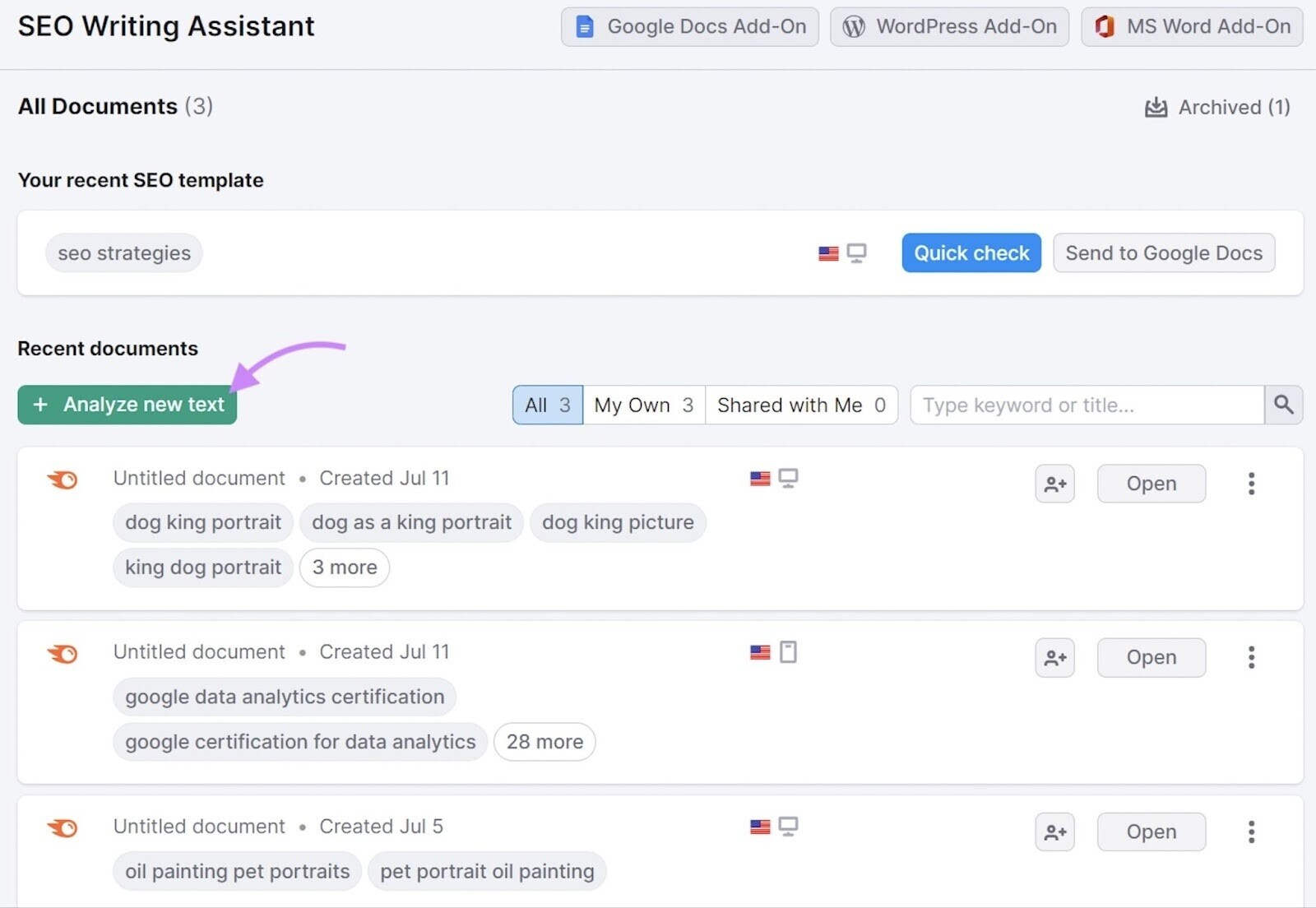 “+ Analyze new text” button highlighted in SEO Writing Assistant