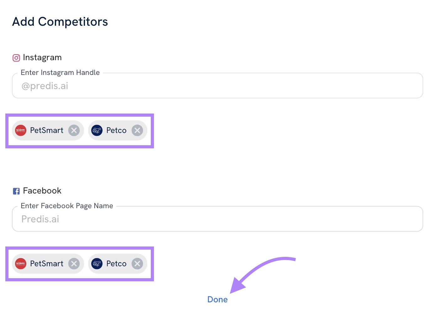"Add Compe،ors" window on AI Social Content Generator with compe،ors selected and "Done" clicked.