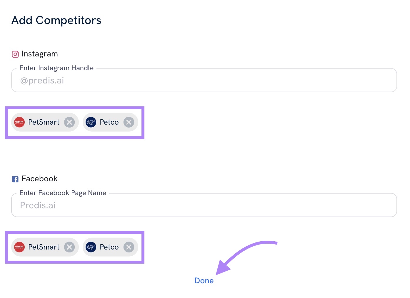 "Add Competitors" window on AI Social Content Generator with competitors selected and "Done" clicked.