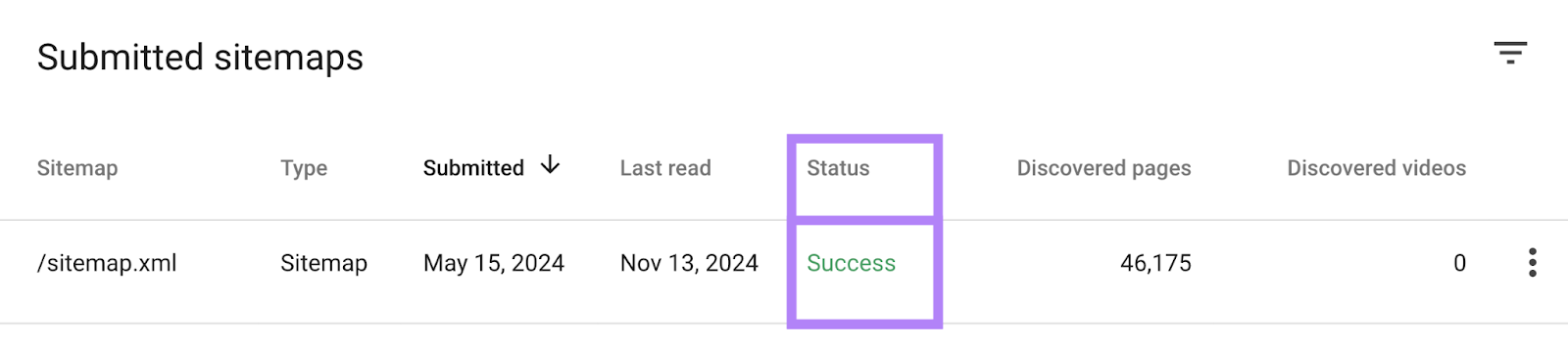 success status highlighted in submitted sitemaps