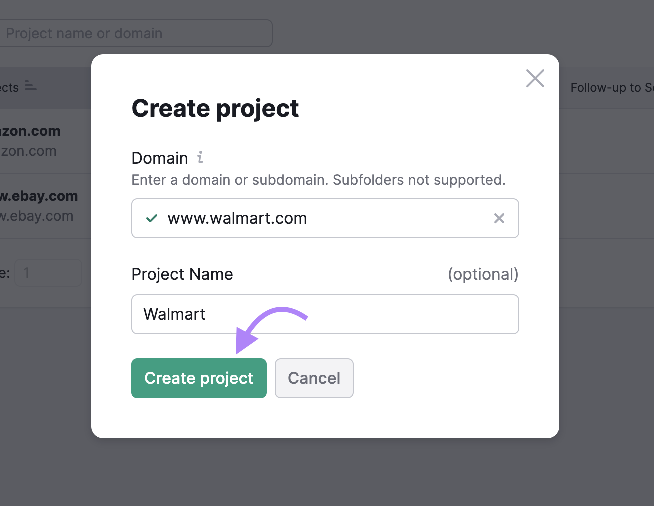 “Create project” section in Link Building Tool