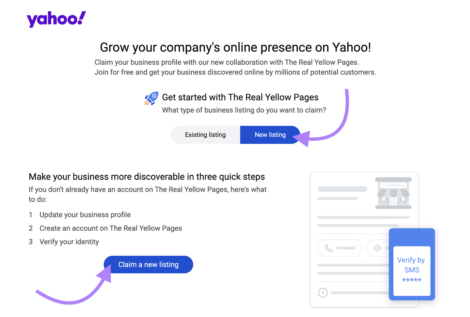 Navigation for a new Yahoo business listing.