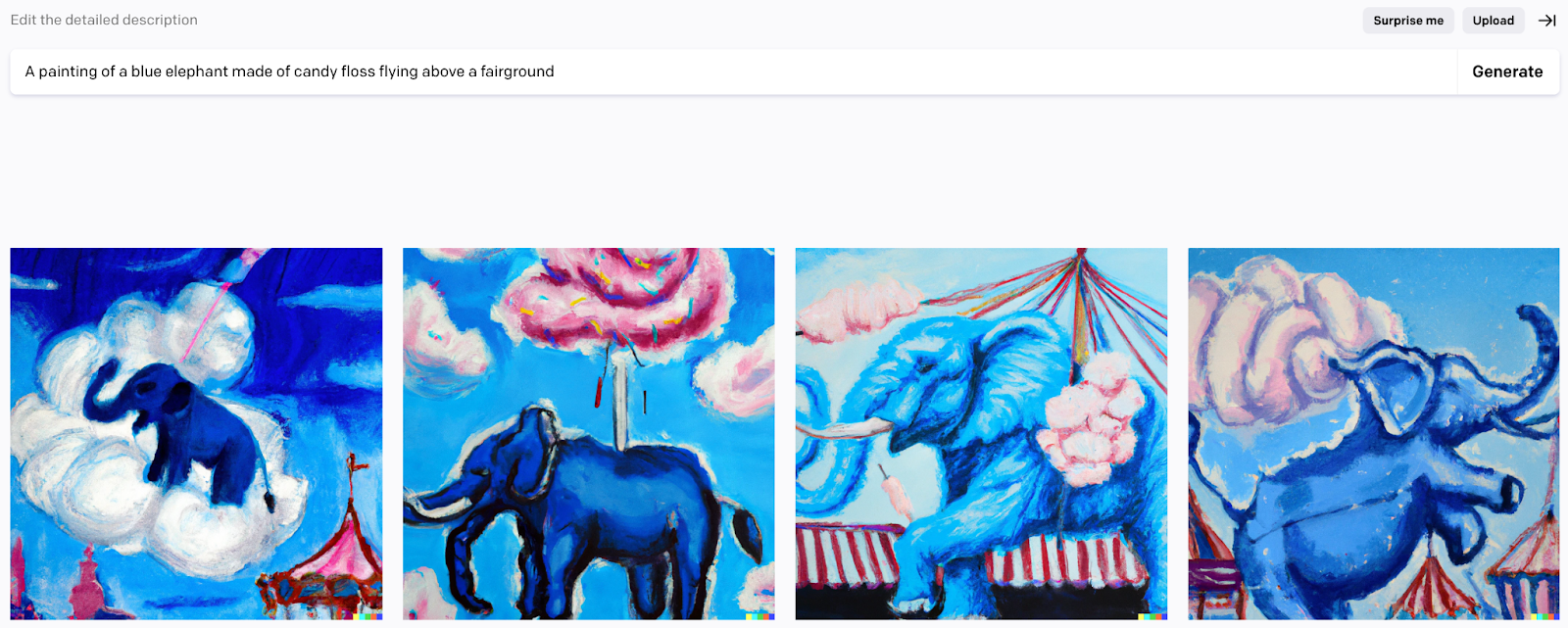 DALL-E results for “a painting of a blue elephant made of candy floss flying above a fairground” prompt