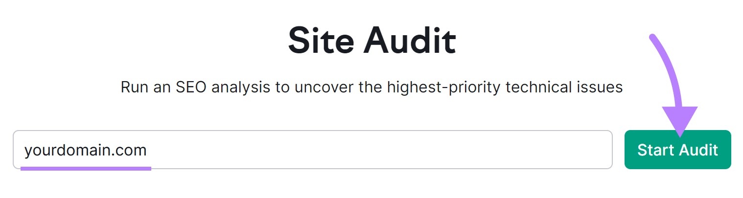 Site Audit search with a domain entered and the "Start Audit" button clicked.