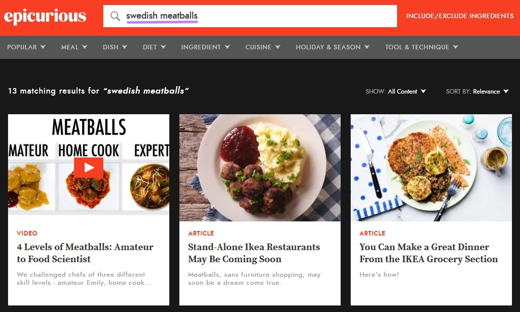 Epicurious.com website showing "swedish meatballs" in the search bar taken from the sitelinks searchbox in Google search results.