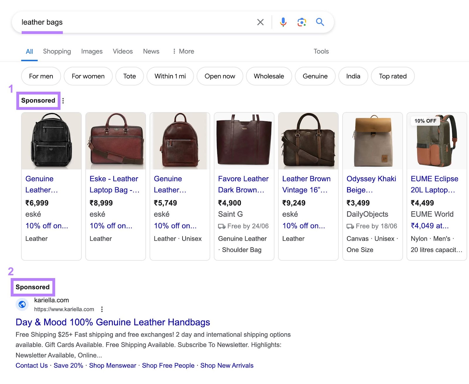 Google SERP for the word  "leather bags" showing a carousel of buying  ads and a modular  paid hunt  ad.