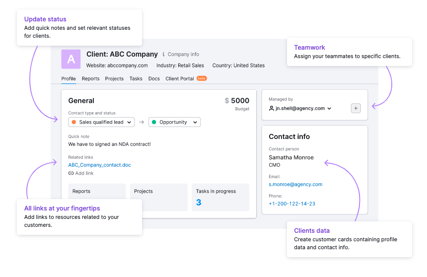 A client page in Semrush CRM tool