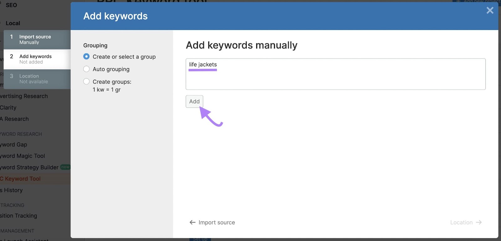 'life jackets' keyword added successful  'Add keywords' model   and 'Add' fastener  highlighted successful  Semrush PPC Keyword Tool