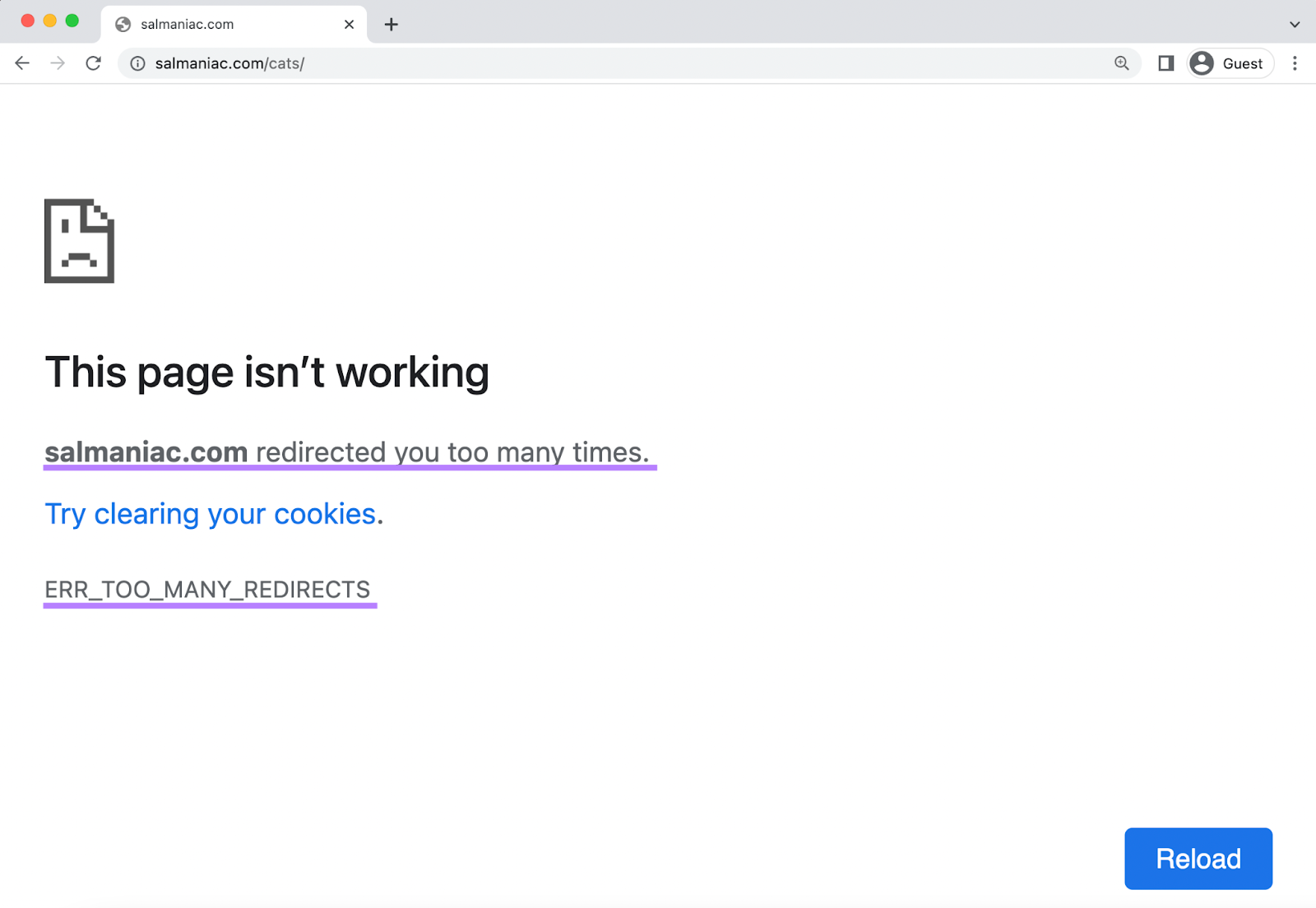 “too many redirects” error message example