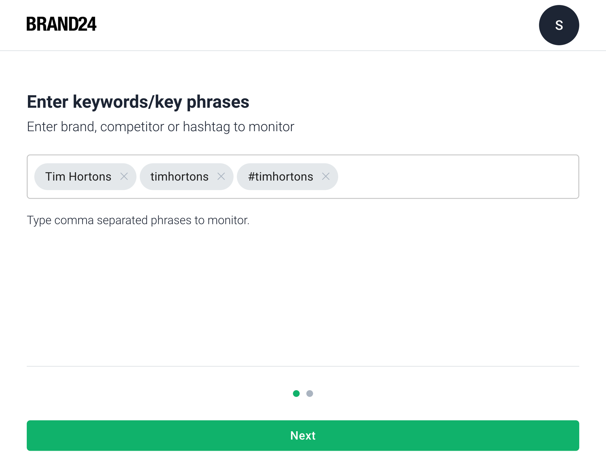 brand24 setup page that says "enter keywords/key phrases"