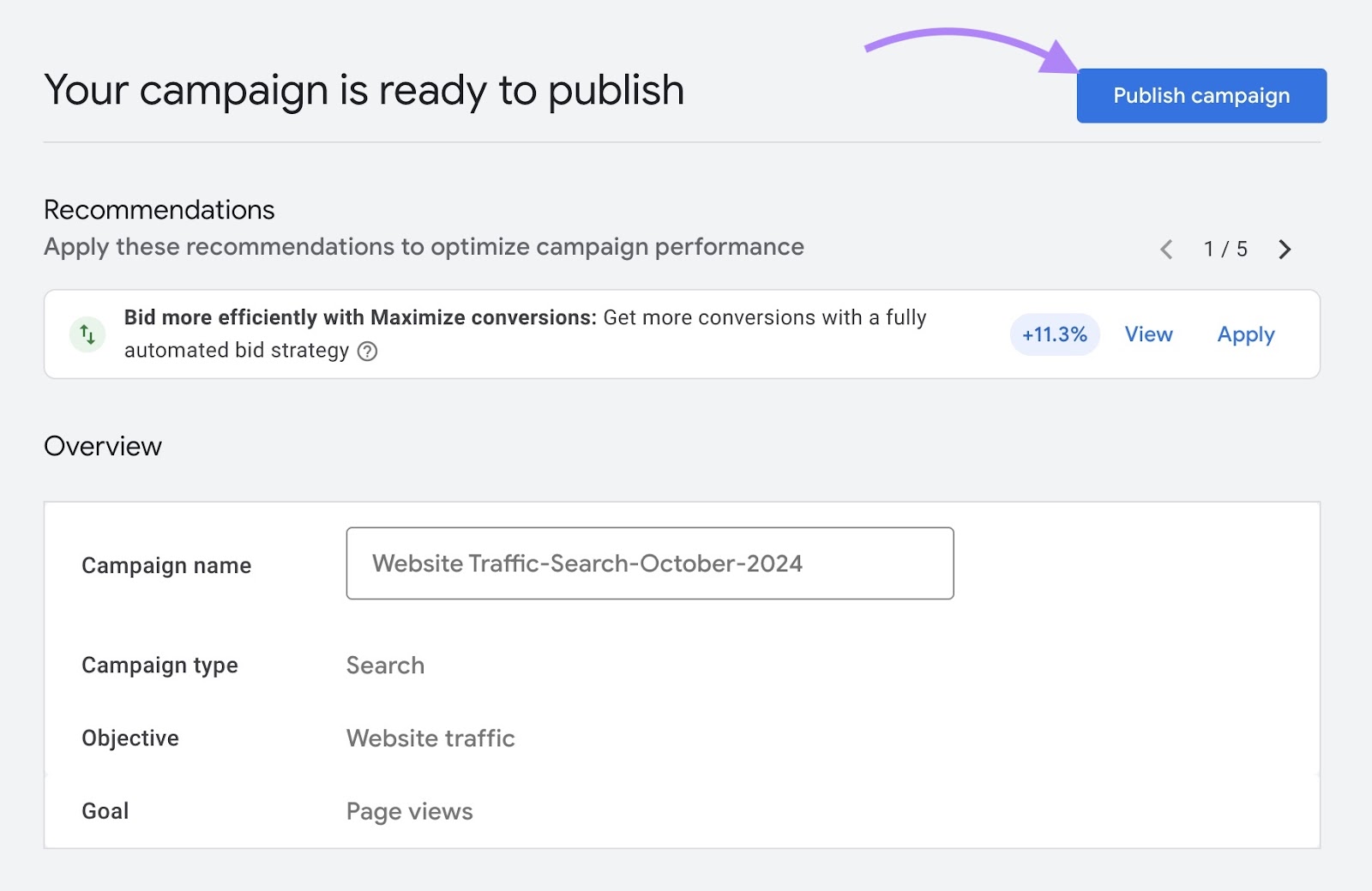 "Publish campaign" clicked on the Review page of Google Ads.