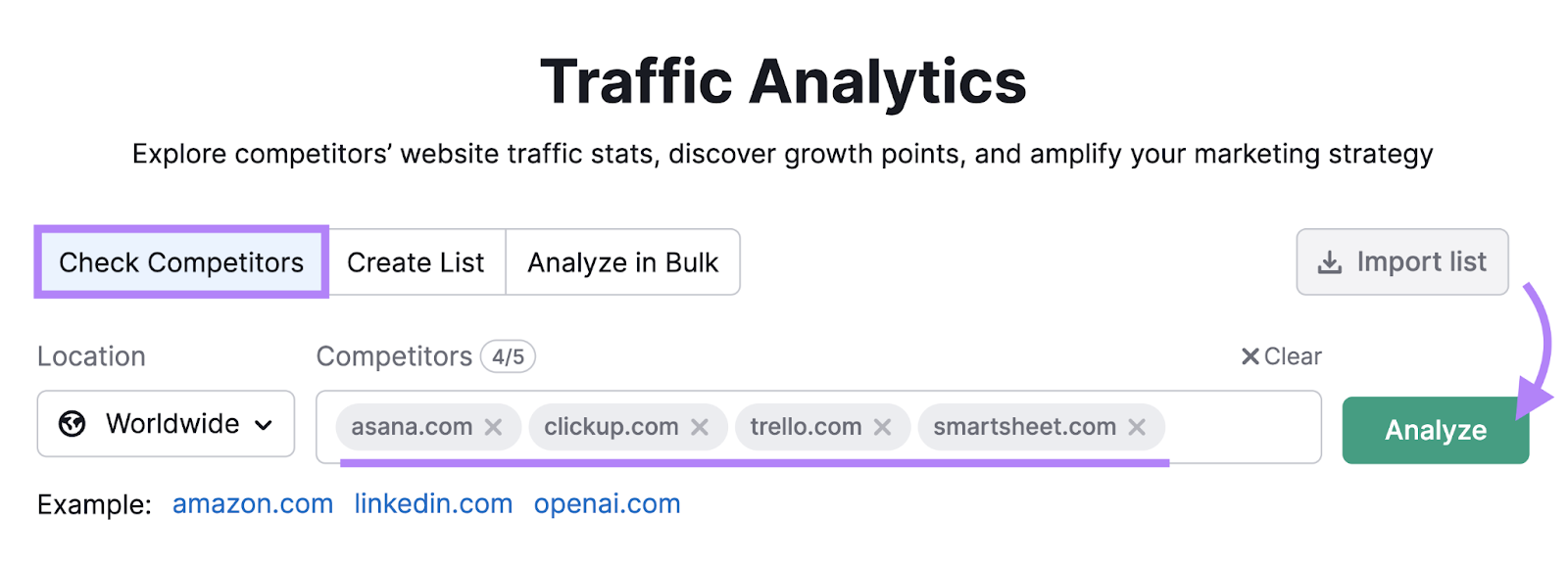 "asana.com" "clickup.com" "trello.com" and "smartsheet.com" domains entered into the Traffic Analytics tool