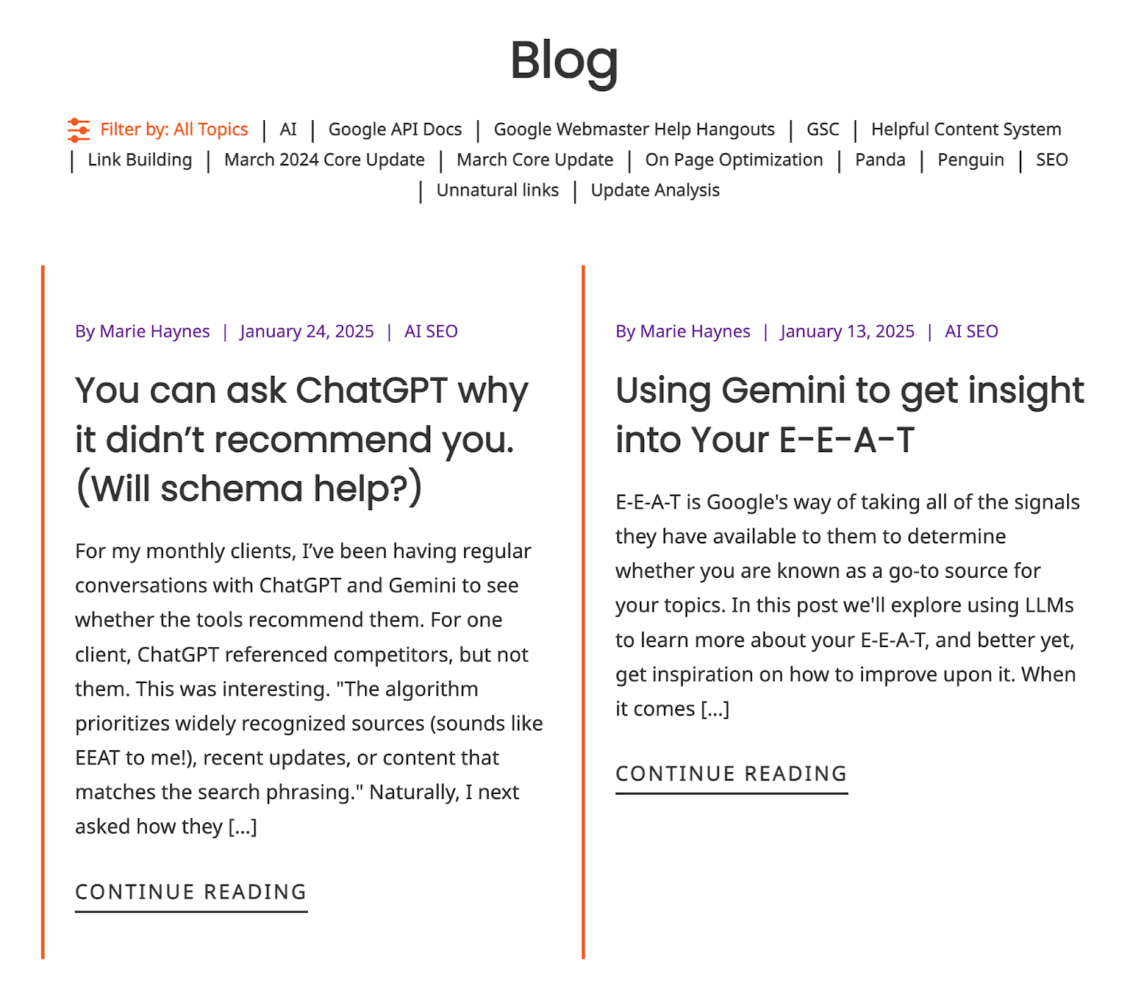 Marie Haynes's SEO blog features articles astir schema and ChatGPT and utilizing Gemini to reappraisal your E-E-A-T.