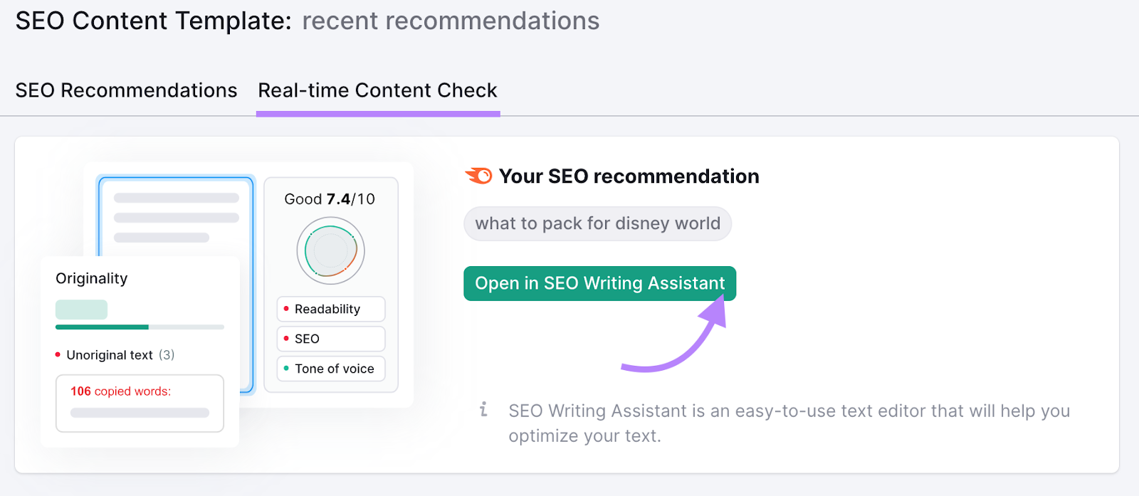 "Open successful  SEO Writing Assistant" button