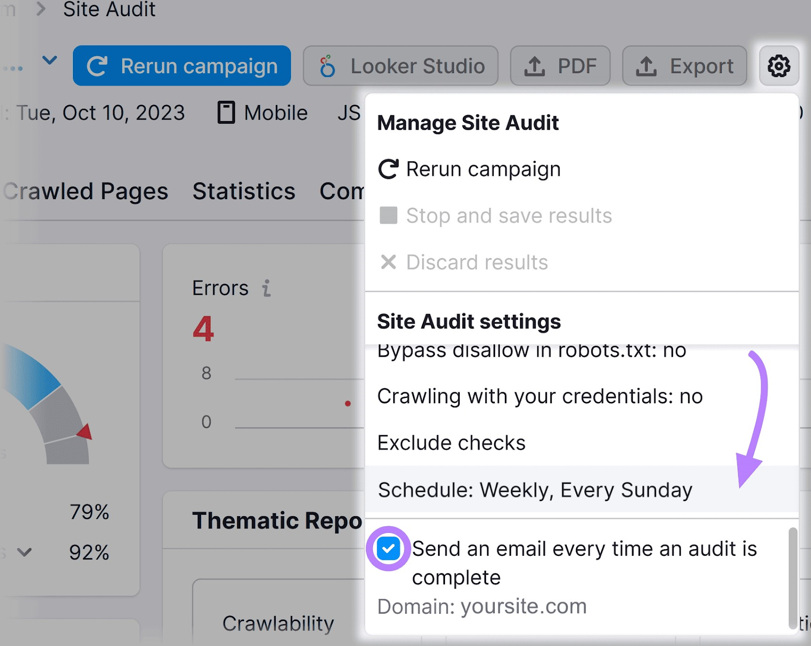 “Schedule: Weekly, every Sunday” option selected from the drop-down menu