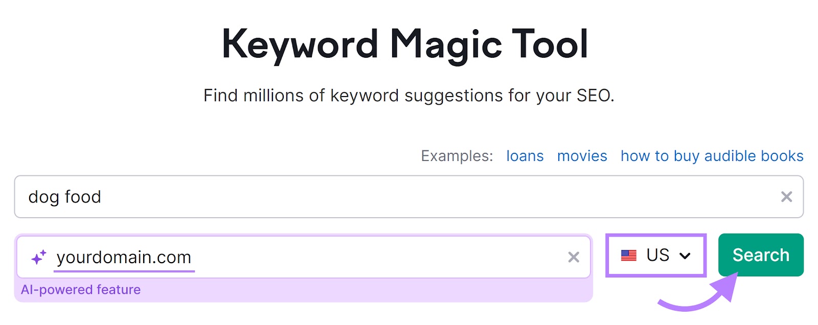 Keyword Magic Tool with the AI-powered feature, location box, and "Search" button highlighted.