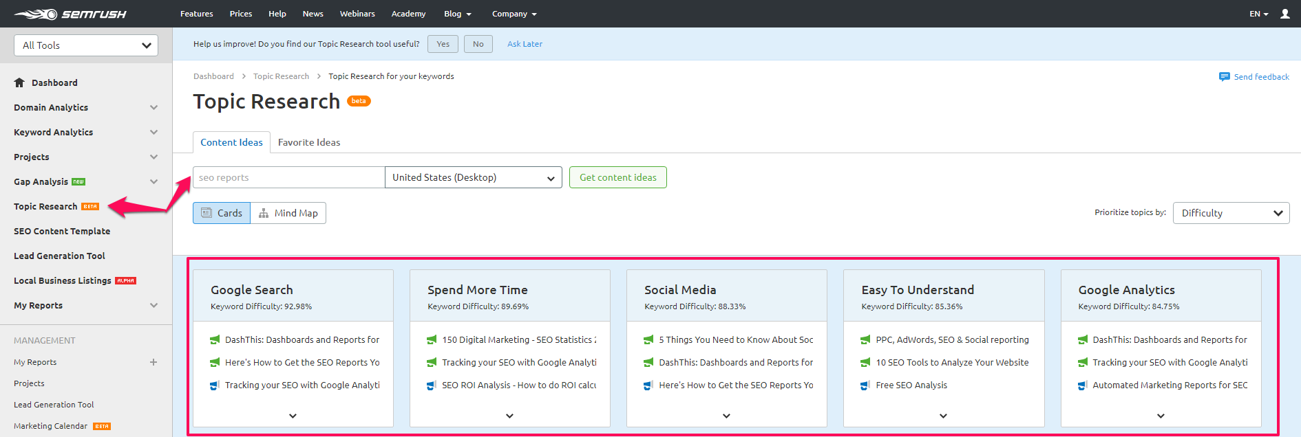 semrush topic research tool relevant content production