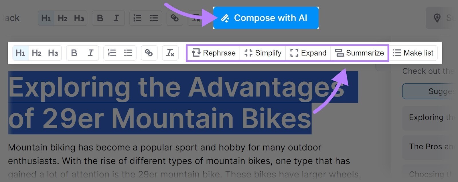 ContentShake AI's "Compose avec AI" "Reformule" "Simplifie" "Développe" et "Résume" options mises en évidence