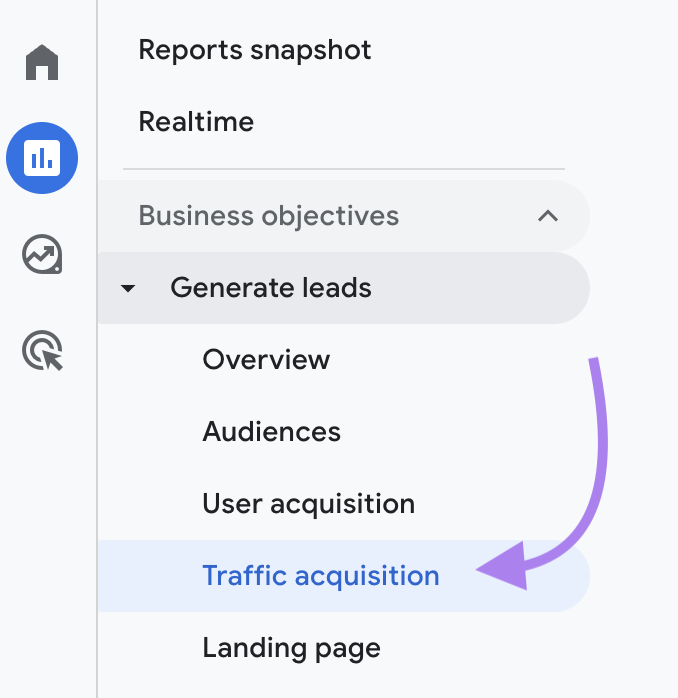 Navigating to “Traffic Acquisition” button in GA4