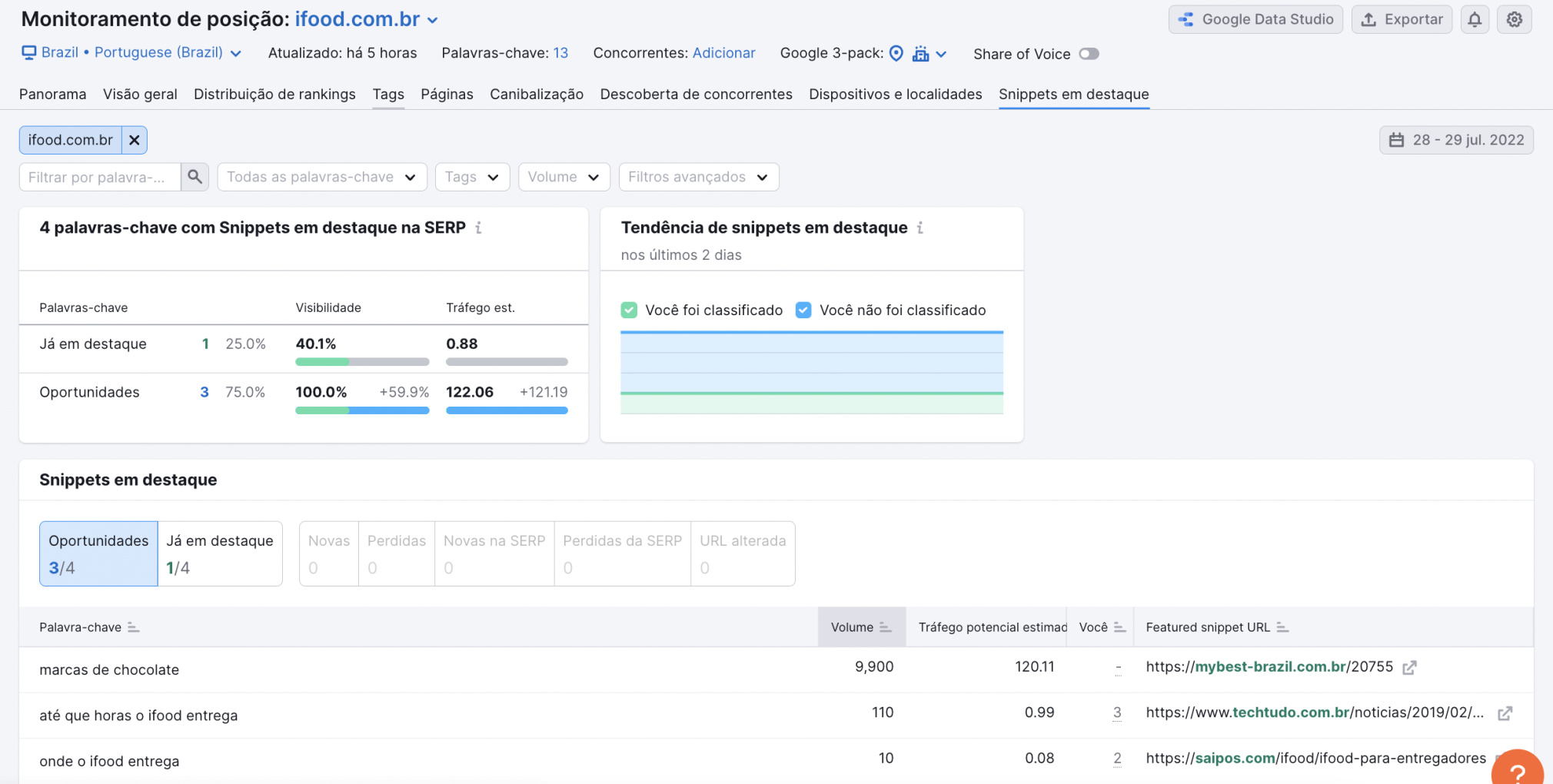 Relatório de snippets em destaque - Ferramenta Monitoramento de Posição