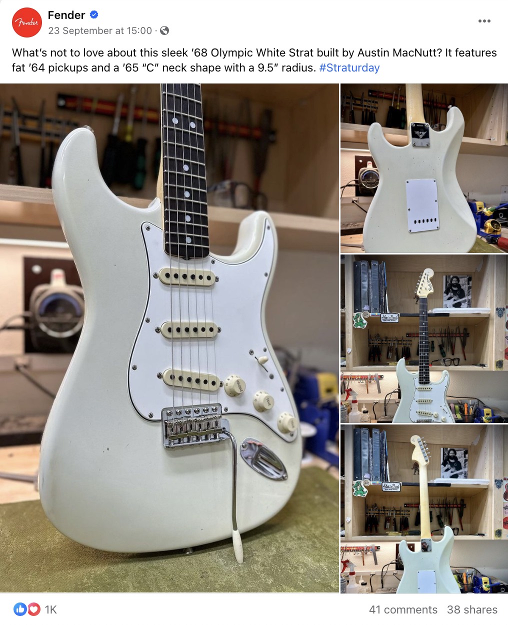 Fender's Facebook post on White Strat guitar