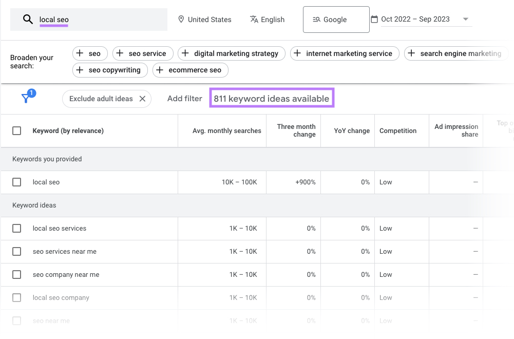 Google Keyword Planner results for "local seo"
