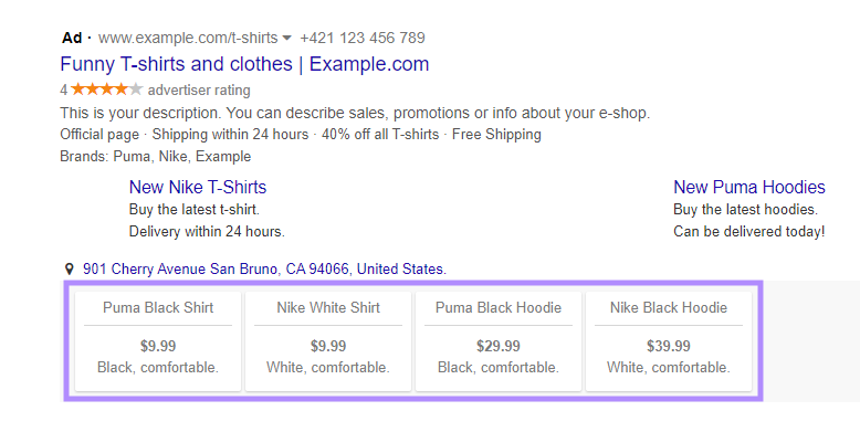 A price extension card below a search ad