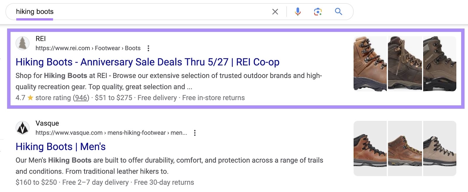 Google SERP for the word  "hiking boots" with the archetypal  effect   by "REI" highlighted.