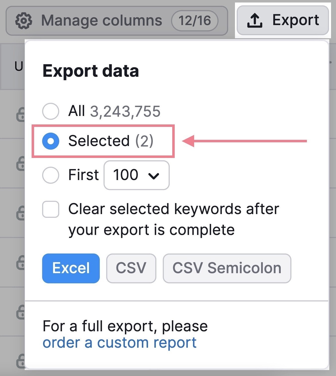 organic research export selected keywords