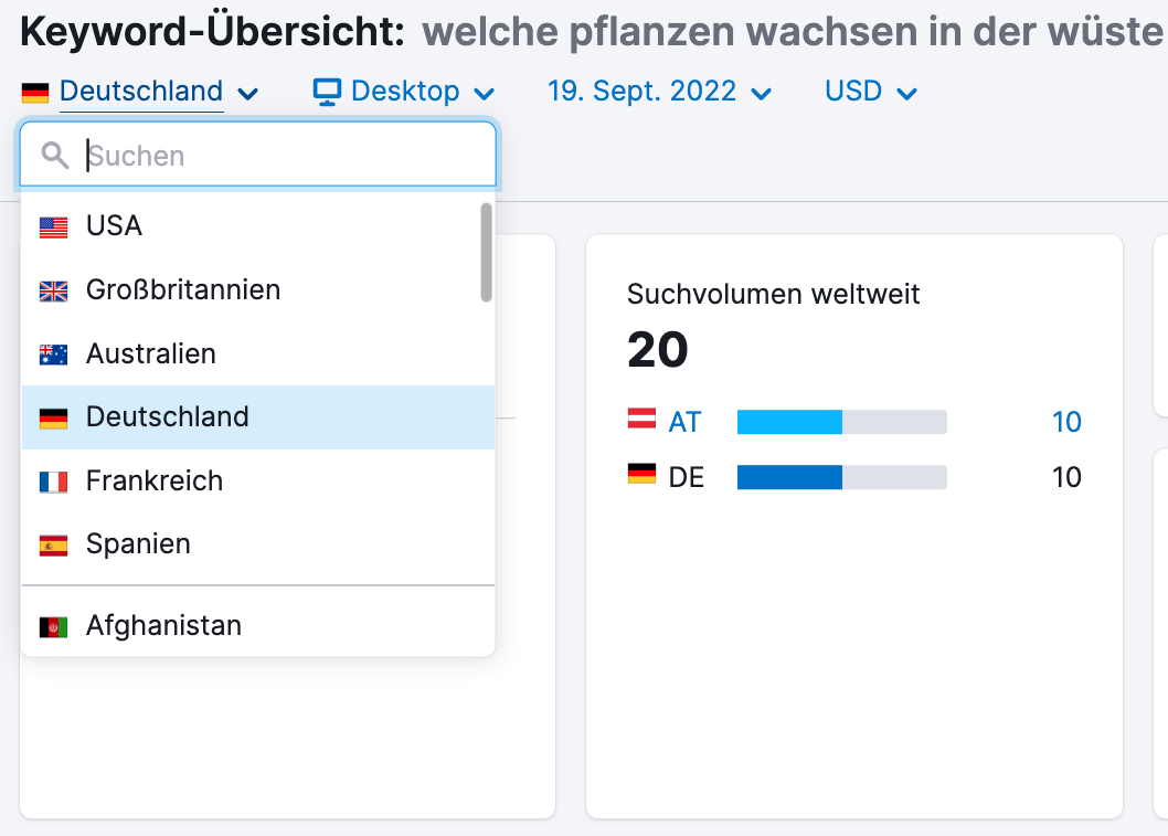 Semrush Beispiel Suchvolumen nach Region