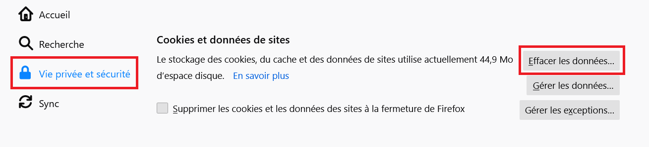 Firefox Cookies et données de sites