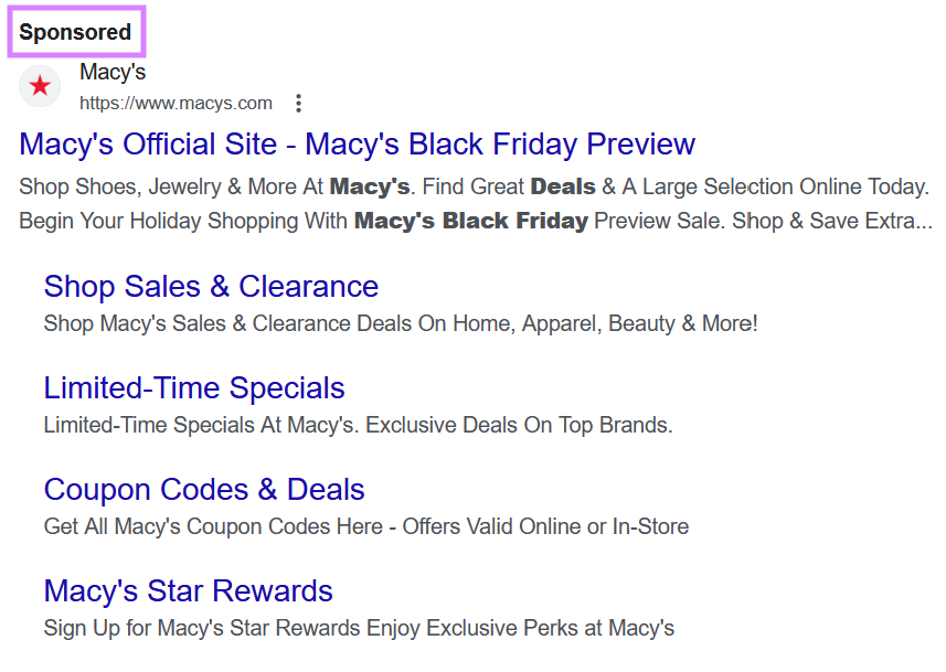 Macy's Black Friday ad on SERP