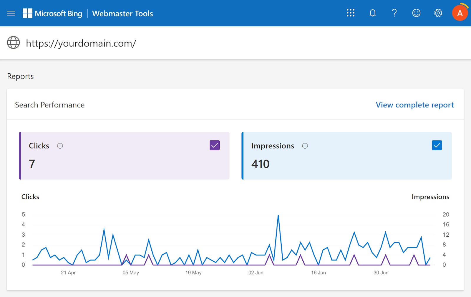 "Reports" section of the Microsoft Bing Webmaster Tools