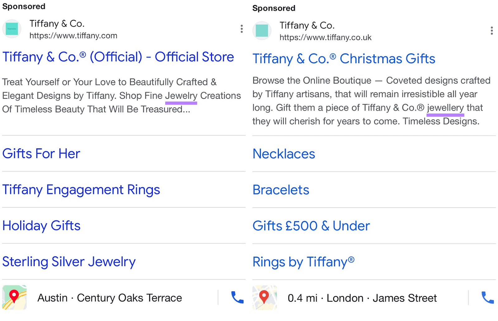 A broadside  by broadside  examination  of Tiffany & Co.'s mobile ad, with "jewelry" highlighted successful  the US ad, and "jewellery" successful  the UK ad