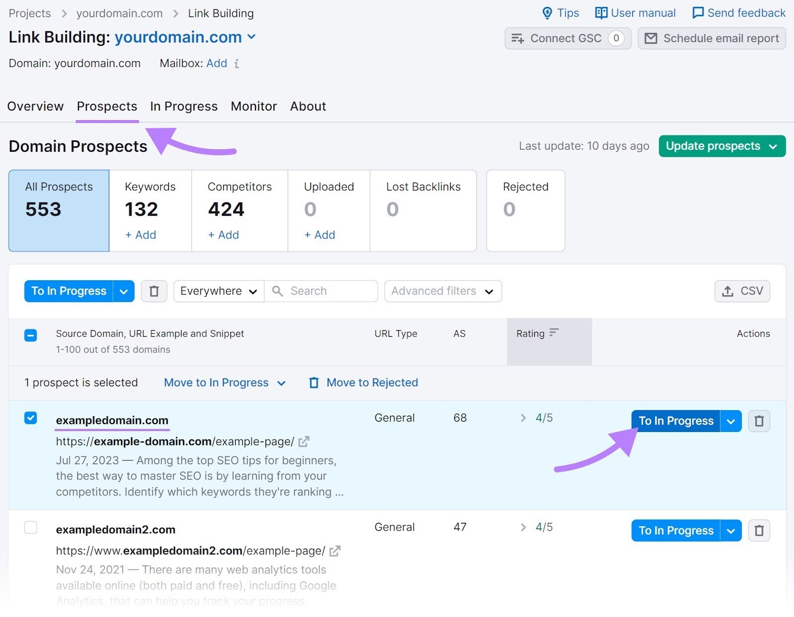 Link Building tool's "Prospects" tab