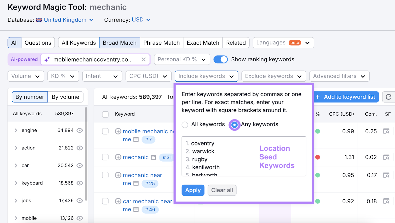 Include keywords filter will show any keywords that match coventry, warwick, rugby, and others