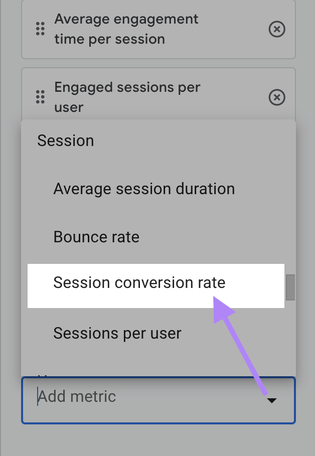 “Session conversion rate” button highlighted in the menu