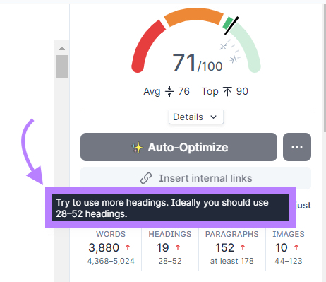 Content recommendation to use more headings on Surfer SEO.