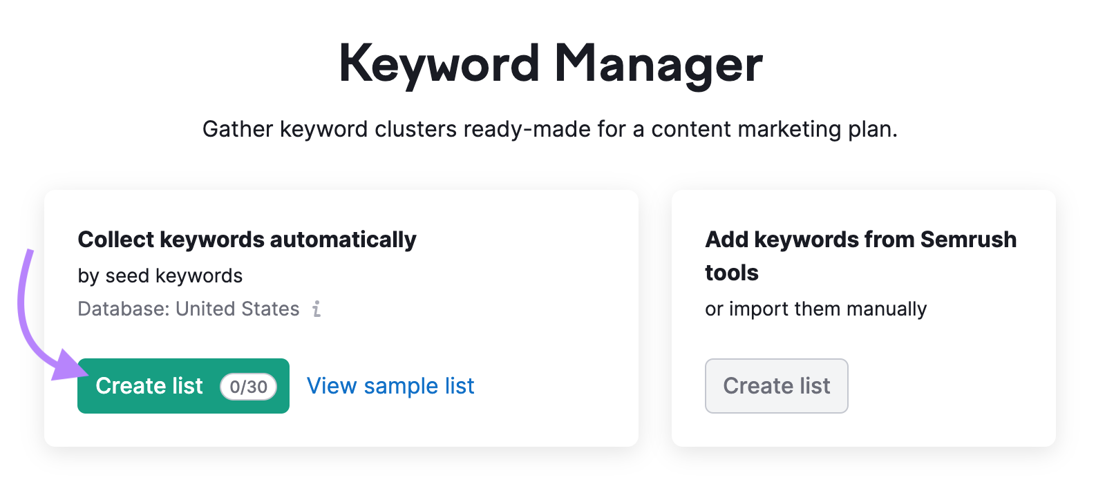 Keyword Manager landing page