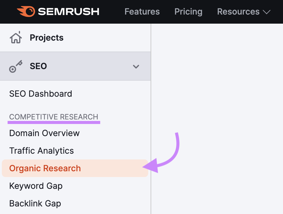 Navigating to “Organic Research” in Semrush menu