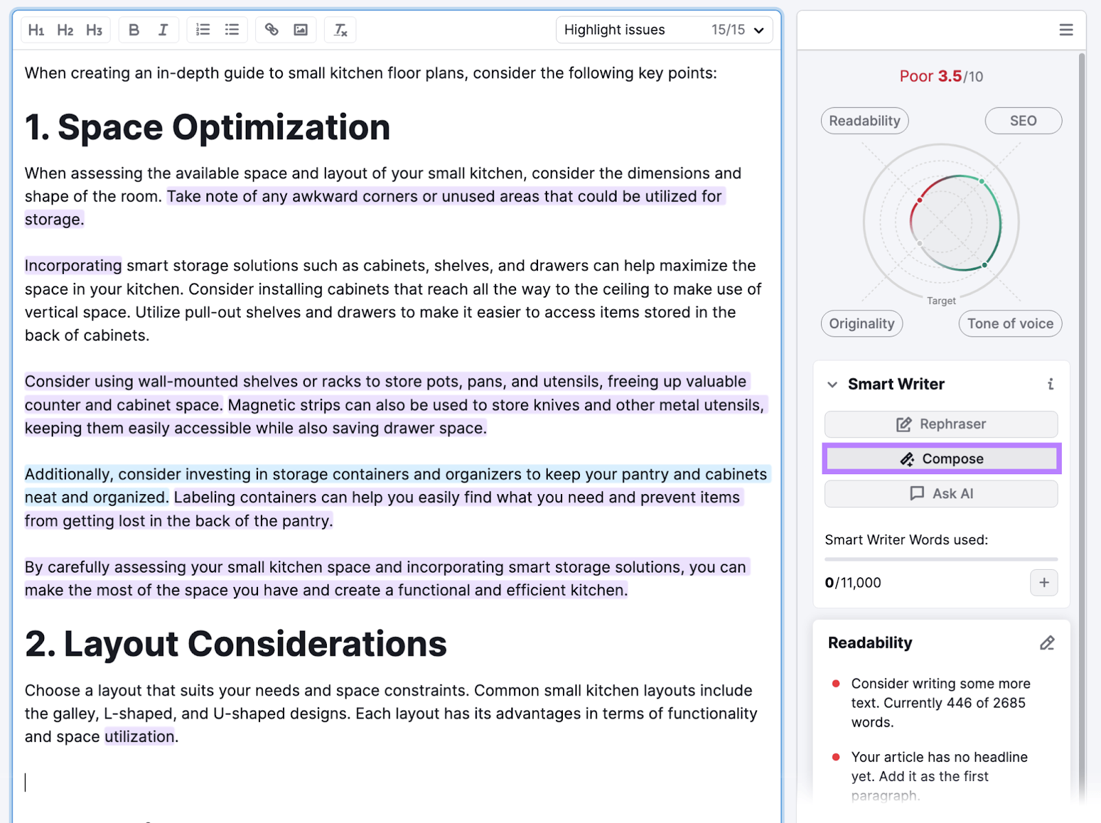 Semrush Smart Writer 'Compose' fastener  highlighted